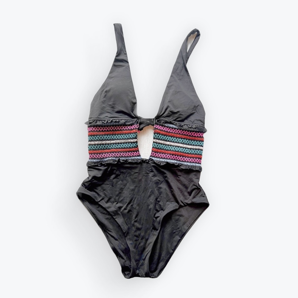 Isabella Rose One Piece Swimsuit Black Smocked Detailing Size Medium